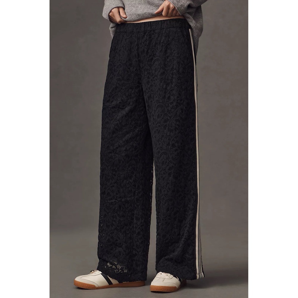 NWT Anthropologie Maeve Brooklin Lace Track Pants M Black $158 Sporty Stripe - Picture 3 of 11